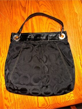 Coach Black Circle Jacquard Shoulder Bag with Patent Trim